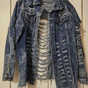 Thrill Jeans Ripped Indigo Denim Jacket 1X Distressed Boho EUC